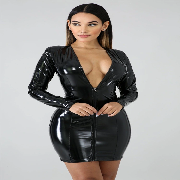 Zipper PU High Elastic Deep V-neck Jumpsuit