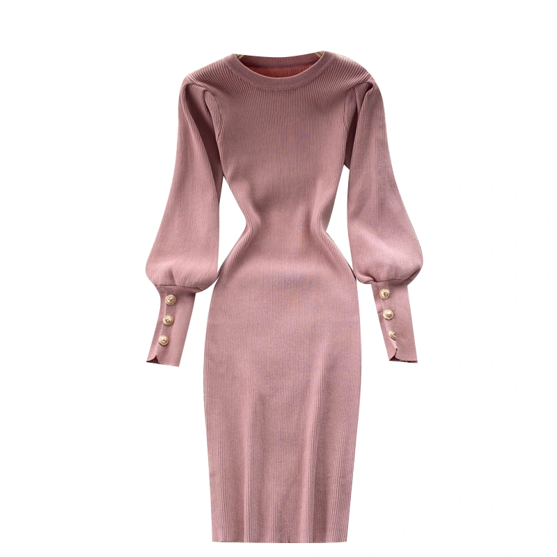 Puff Sleeve Slim Short Stretch Knitted Dress With Waist And Hips