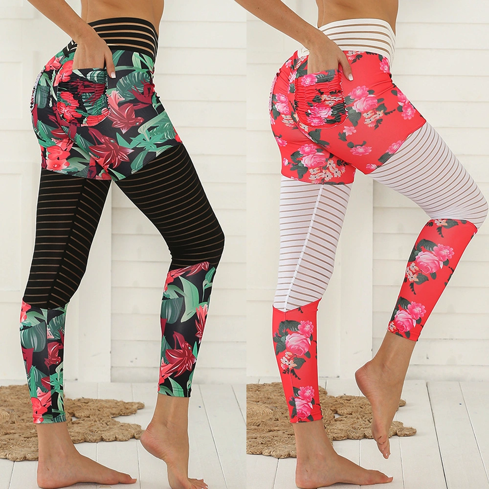 Lace Stitching Printed Peach Hip Pocket Yoga Pants