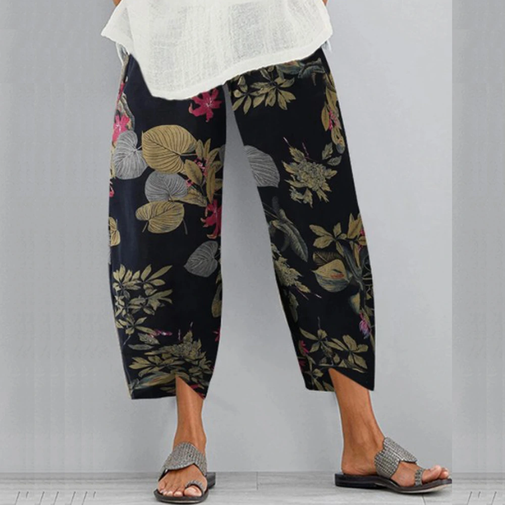 Fashion Cotton And Linen Printed Elastic Plus Size Cropped Trousers