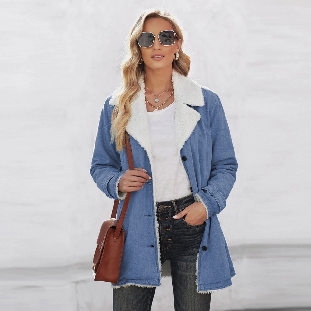 Solid Color Plus Velvet Coat Women Zinc Cross-border Mid-length Lapel Cotton