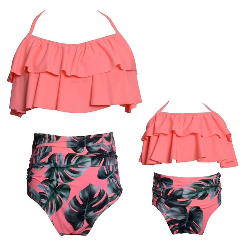 Parent-child Swimsuit Printed High Waist Bikini Ruffled Mother And Daughter Swimwear