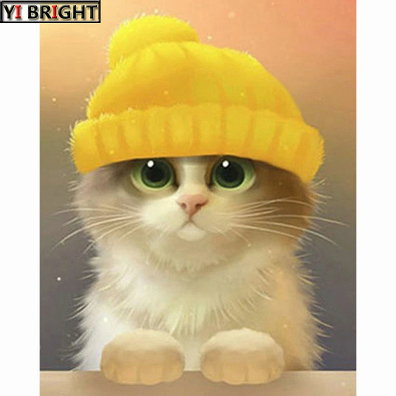 Diamond Painting Christmas Diamond Embroidery Full Rhinestones Cute Cat With Yellow Hat Cross Stitch Diamonds Mosaic Decor