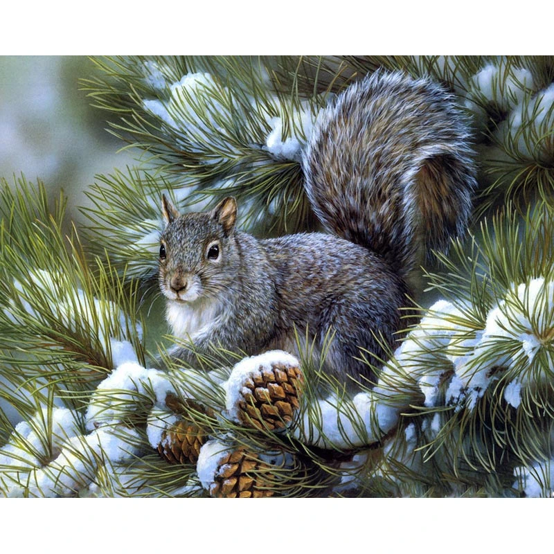 Picture Of A Little Squirrel In A Pine Tree, Made With Rhinestones, 5D