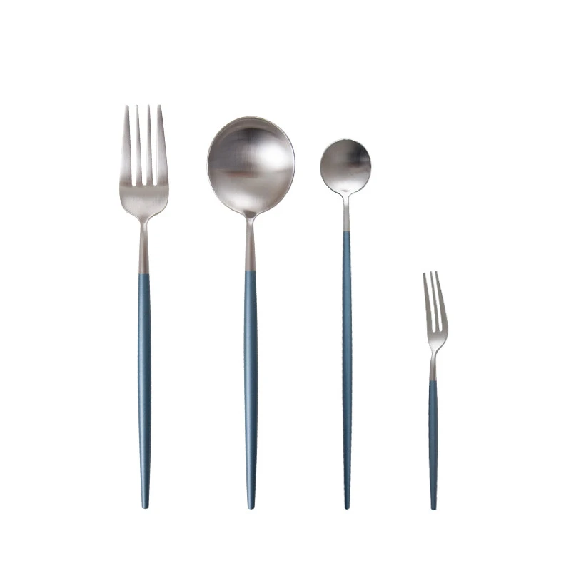 OUDING Sky Blue Silver Portugal 304 Stainless Steel Steak Cutlery Western Cutlery Fruit Fork Coffee Spoon