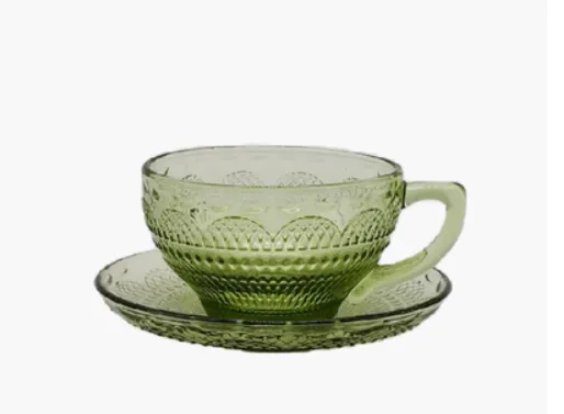 Glass Coffee Cup And Saucer Thick Heat-resistant Classical Flower Tea Cup Retro Color Ice Cream Cup