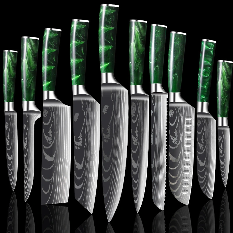 Green Resin Handle Damascus Laser Grain Knife