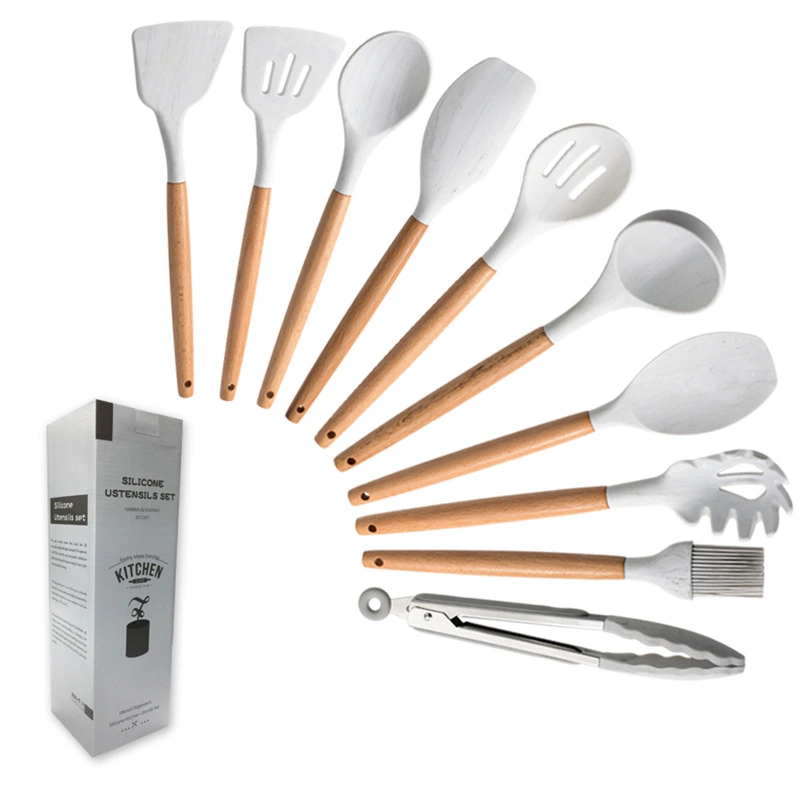 Marbled White Wooden Handle Silicone Kitchenware Set