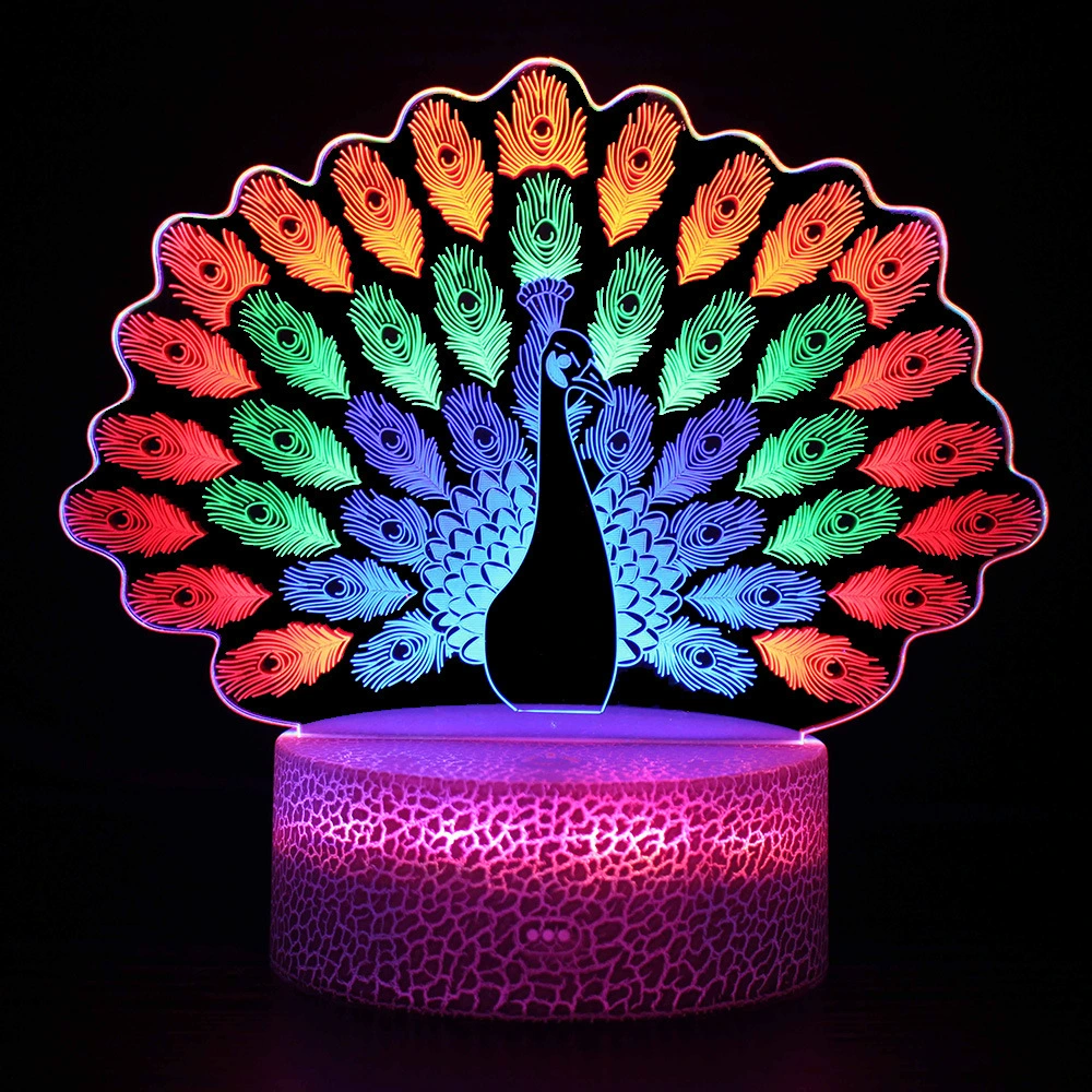 3 Acrylic Plates 3D Night Lights Touch Control Colorful LED Lamp 3D Peacock Animal Light Kids Gift Creative Bedroom Decor