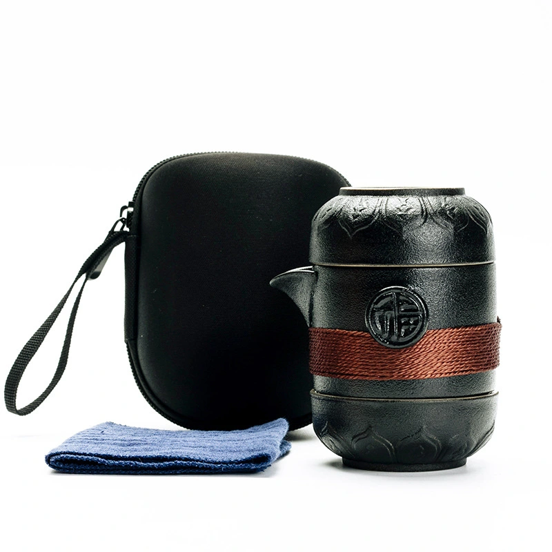 Portable Travel Tea Set Black Pottery Quick Guest Cup