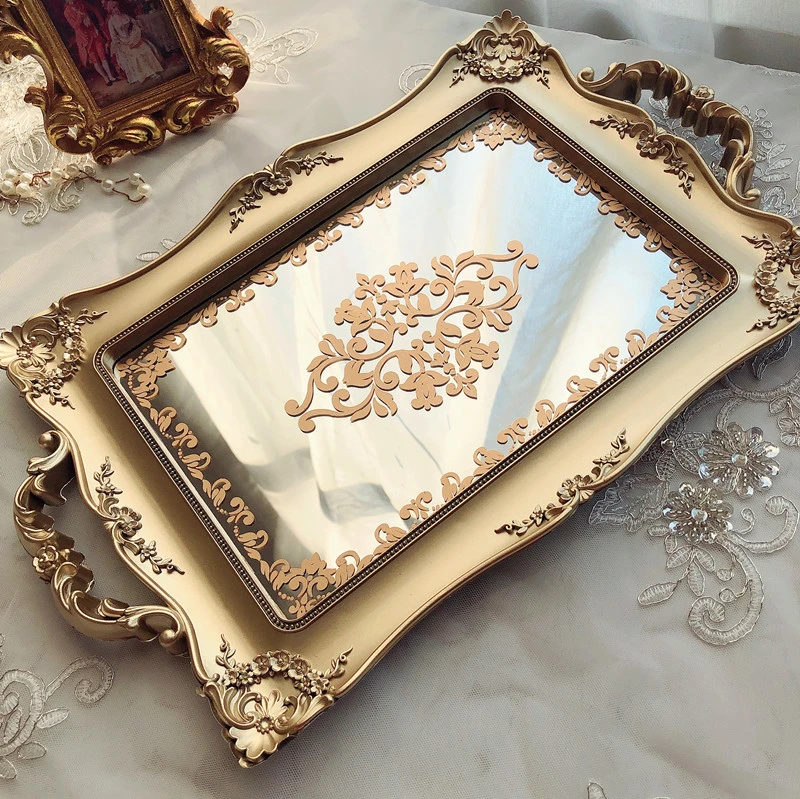 Old Golden Mirror Tray Perfume Jewelry Storage