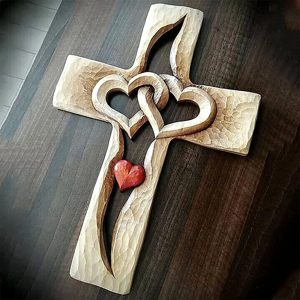 Carved Wooden Cross Intertwined Hearts Acrylic Love Cross Ornaments