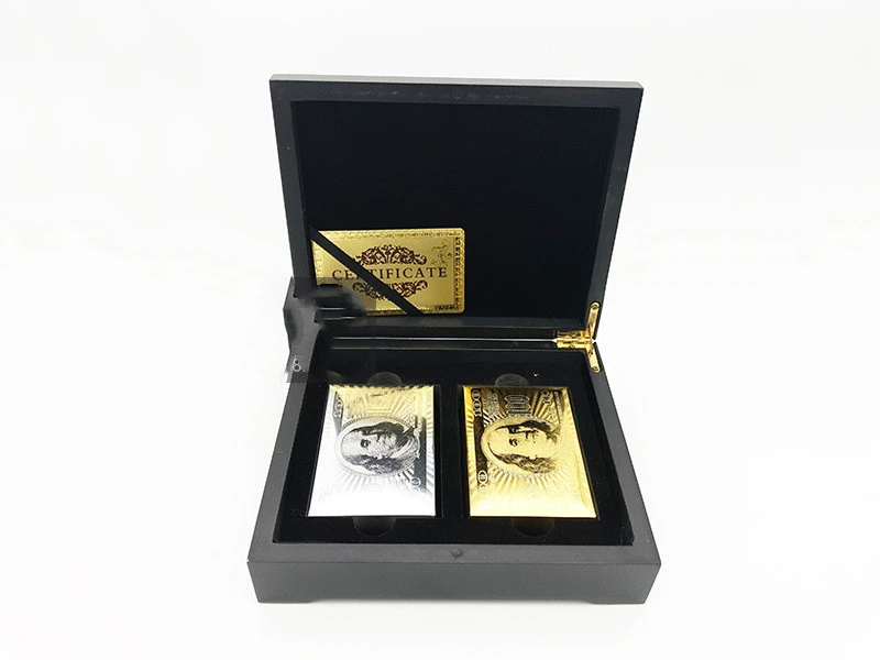 Double Set Of Gold Foil Playing Cards In Wooden Box Is Waterproof And Durable