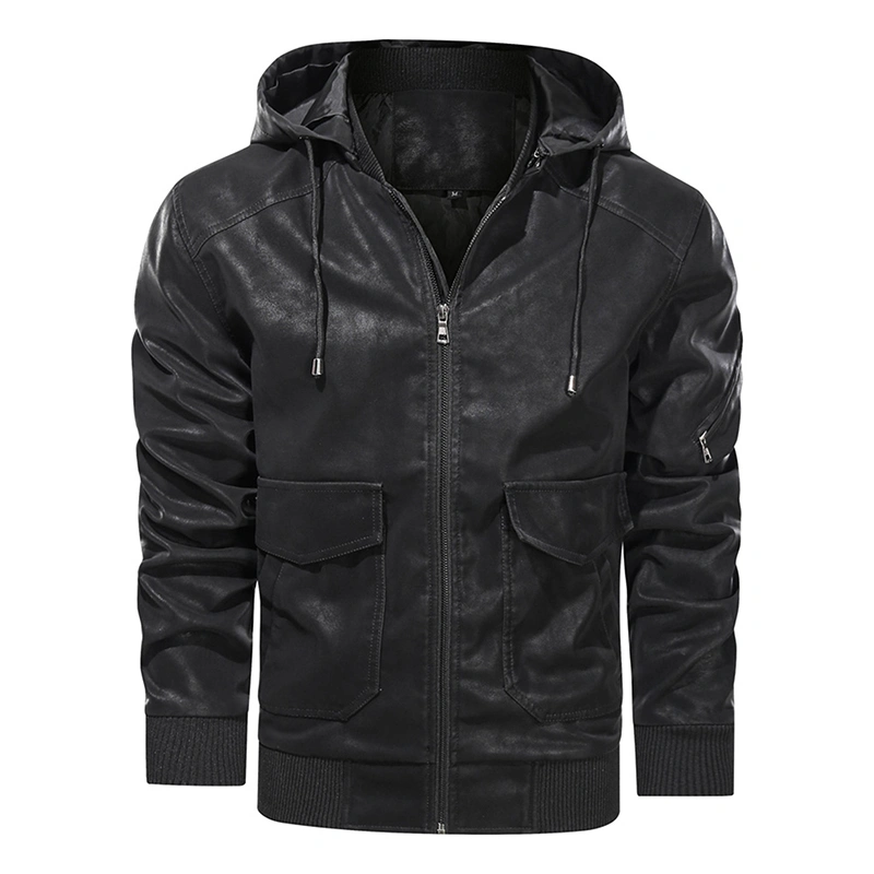 Men Leather Jacket Hooded Windproof PU Coat Solid Motorcycle Outwear