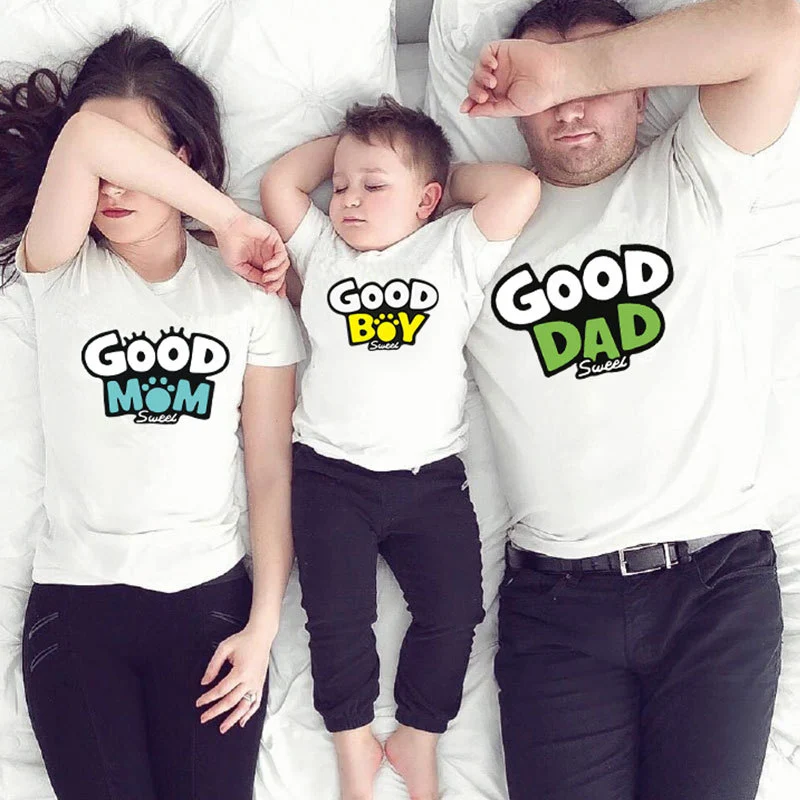 Family With A Family Of Three Round Neck Skin-Friendly Short-Sleeved T Cartoon Print