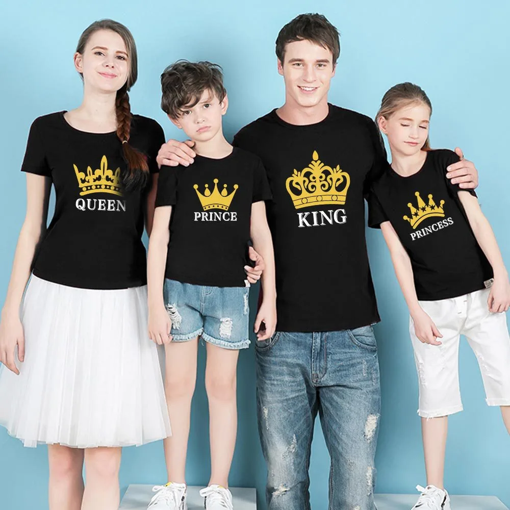 Personalized Parent-Child Wear Short Sleeve Round Neck T-Shirt Crown Cartoon Print Loose Cotton