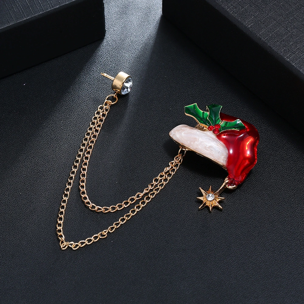 Cartoon Christmas Hat With Diamond Double-layer Chain Brooch