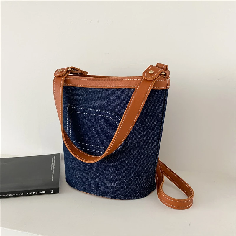 Denim Large-capacity Stitching Portable Bucket Bag