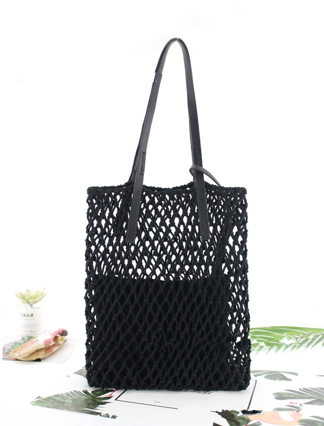 Leather Bottom Cotton Thread Net Pocket Hand-tie Hollow Straw Woven Bag