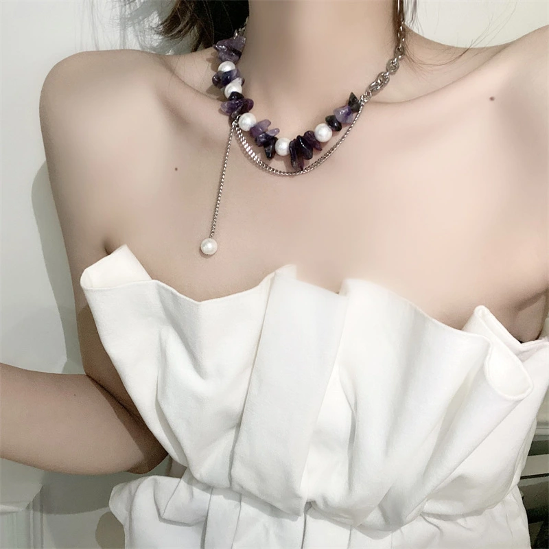 Special-shaped Purple Stone Pearl Stitching Necklace Female Niche Wild Clavicle Chain Short Necklace