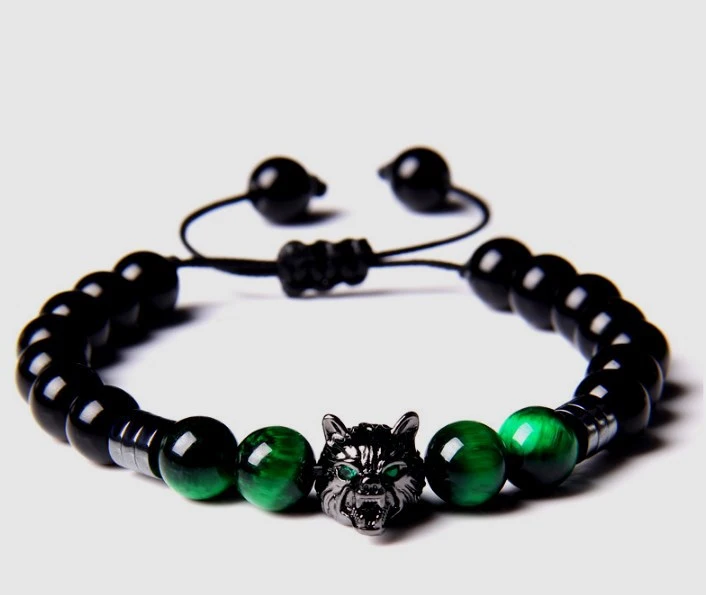 8mm Wolf Head Zinc Yoga Agate Bead Bracelet