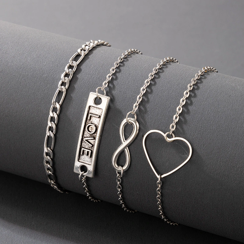 Letter Bow Love Heart 4 Piece Set Silver Bracelet