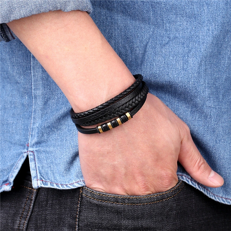 Multilayer Black Leather Braided Men's Stainless Steel Bracelet