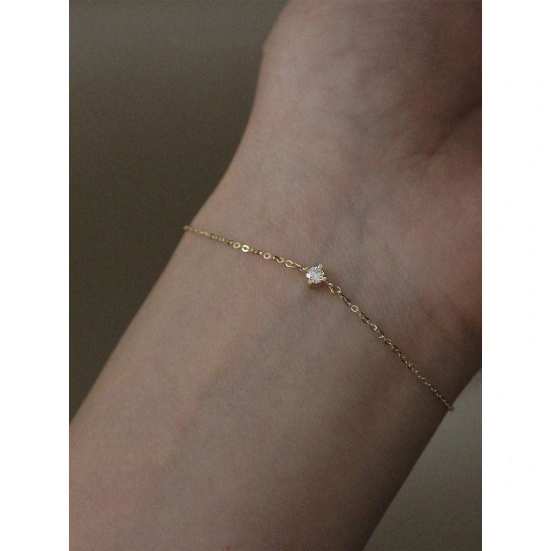 Classic Single Diamond Sterling Silver Plated 14K Gold Bracelet Zircon Super Versatile Everyday Temperament