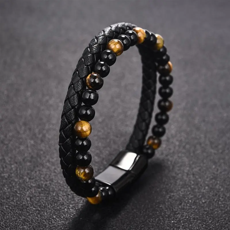 Men's Double Layer Stainless Steel Black Buckle Braided Bracelet