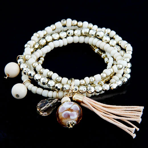 Rice Beads And Glass Tassels Multi-layer Stretch Bracelet