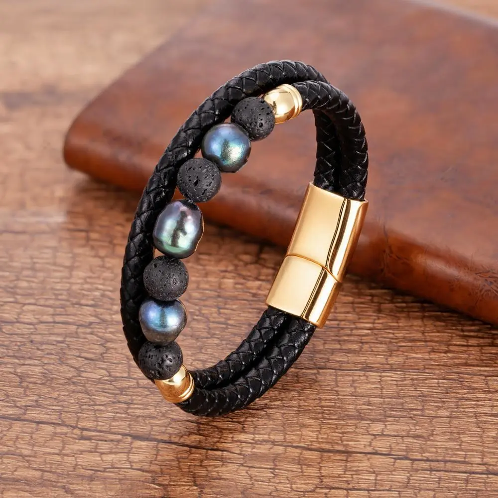 Fashion Pearl Metal Stone Leather Cord Braided Stone Bracelet Leather Stainless Steel Magnet Buckle Head