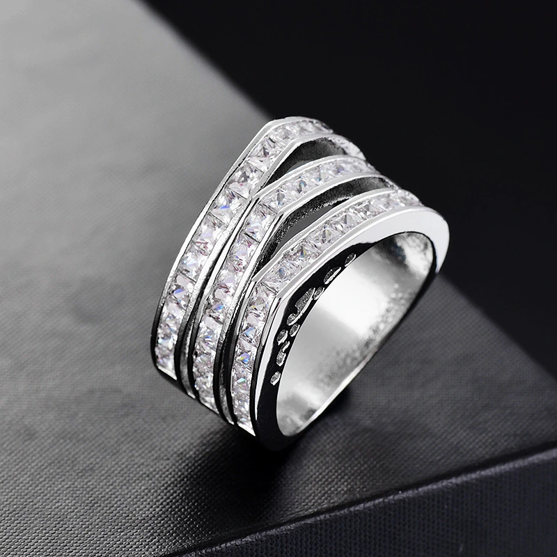 Silver-plated Full Diamond Ring Flashing Three-layer Geometric Square Zircon Ring