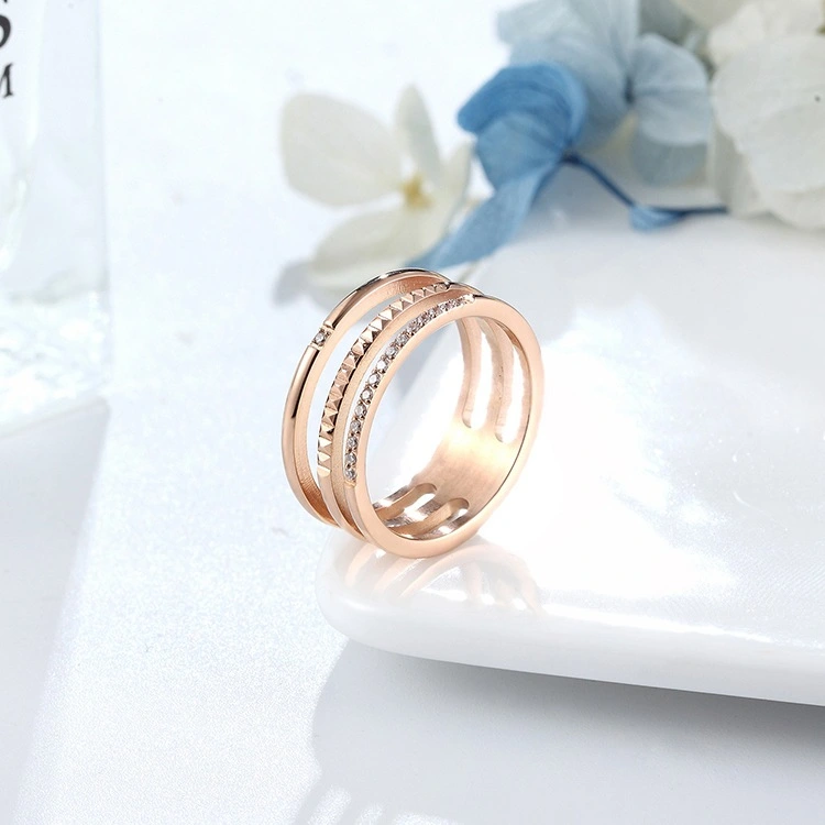 Three-tier Rose Stainless Steel Gold Ring With Diamonds