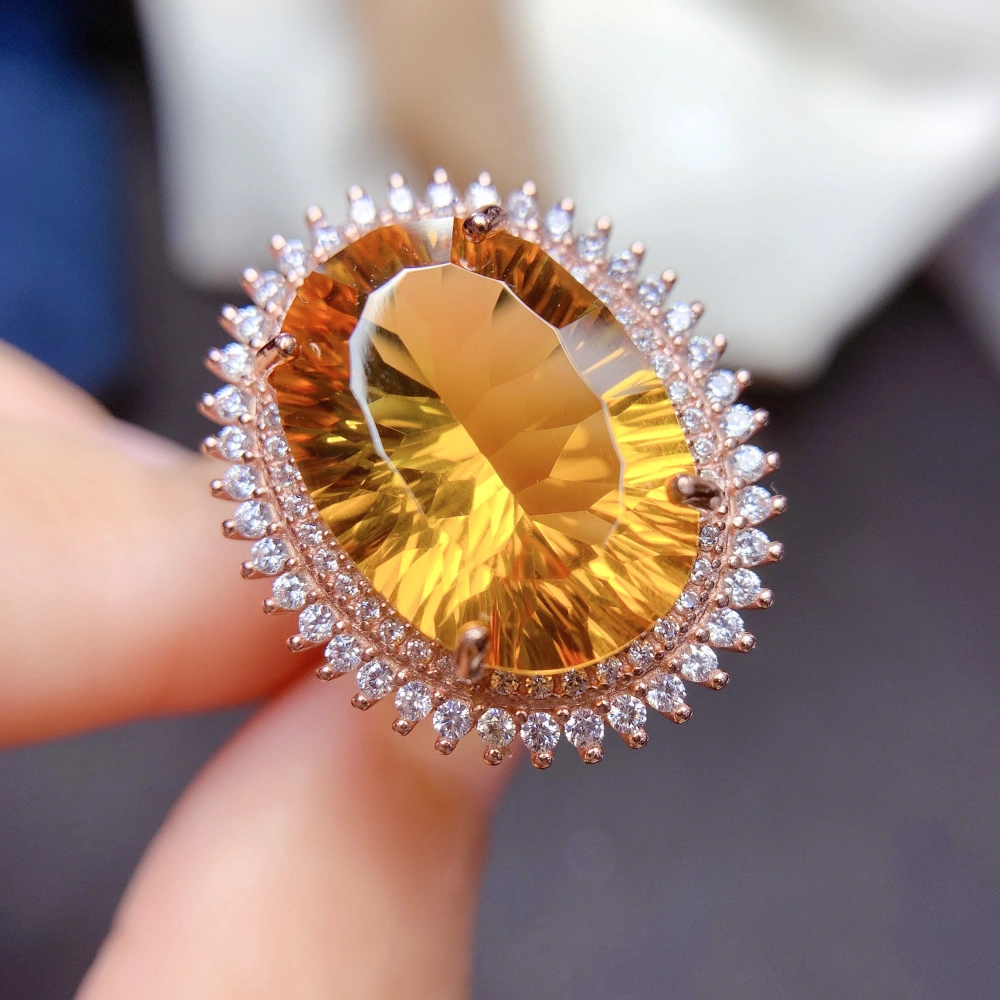 Large Grain Citrine Ring S925 Sterling Silver With Gold-plated Inlay