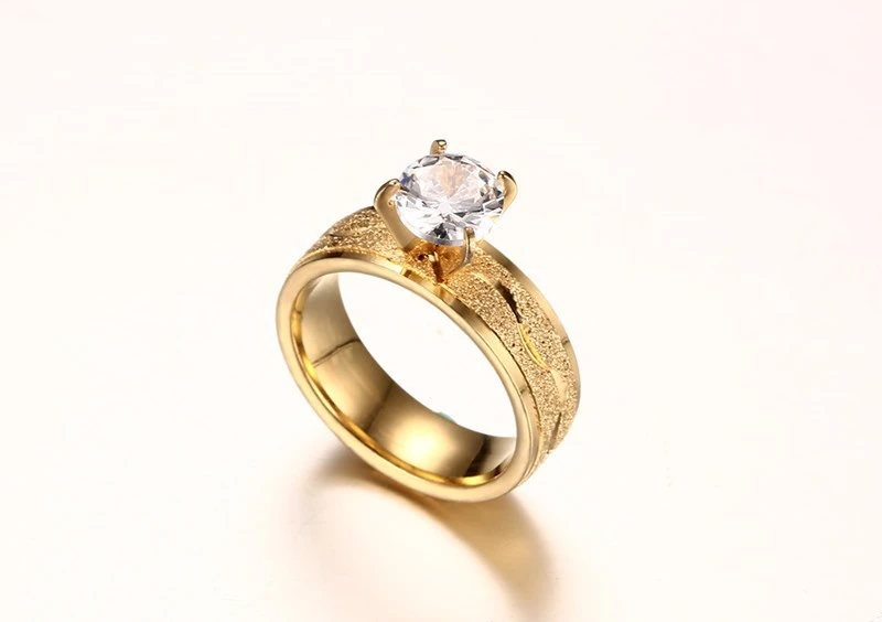 Stainless Steel Gold-plated Sandblasted Four-claw Zircon Female Ring