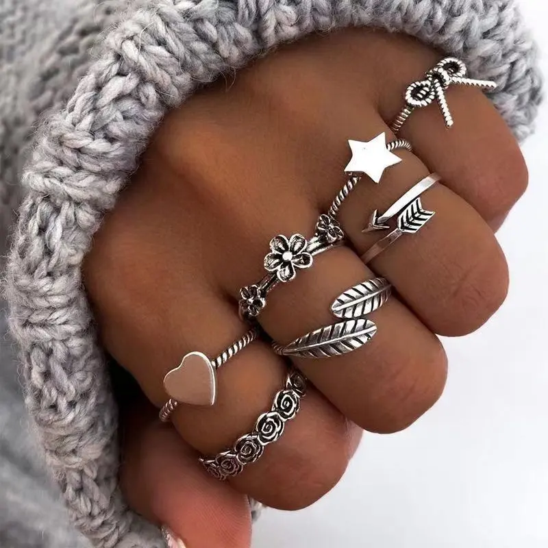 Bowknot Love Five-pointed Star Flower Arrow Leaf 7-piece Set Combination Ring