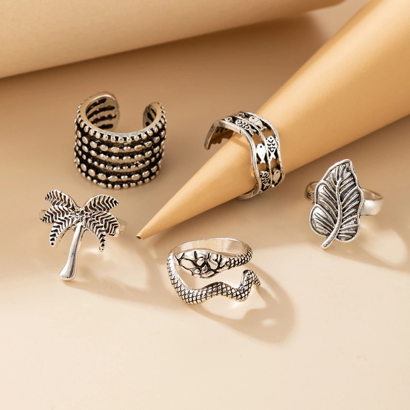 Retro Opening Adjustable  Small Fish Snake-shaped Coconut Tree Leaf Ring 5-piece Set