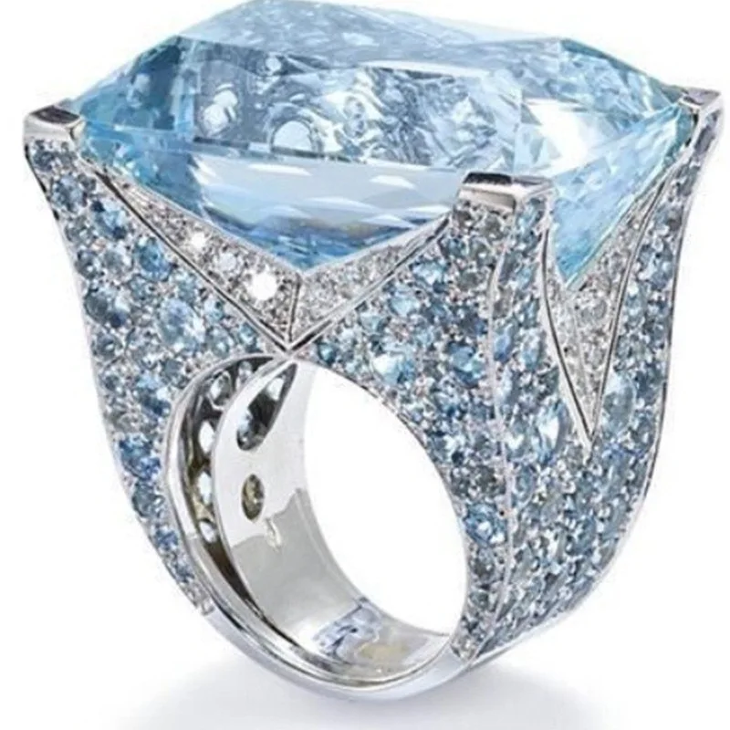 European And American Exaggerated Atmosphere Blue Square Ring