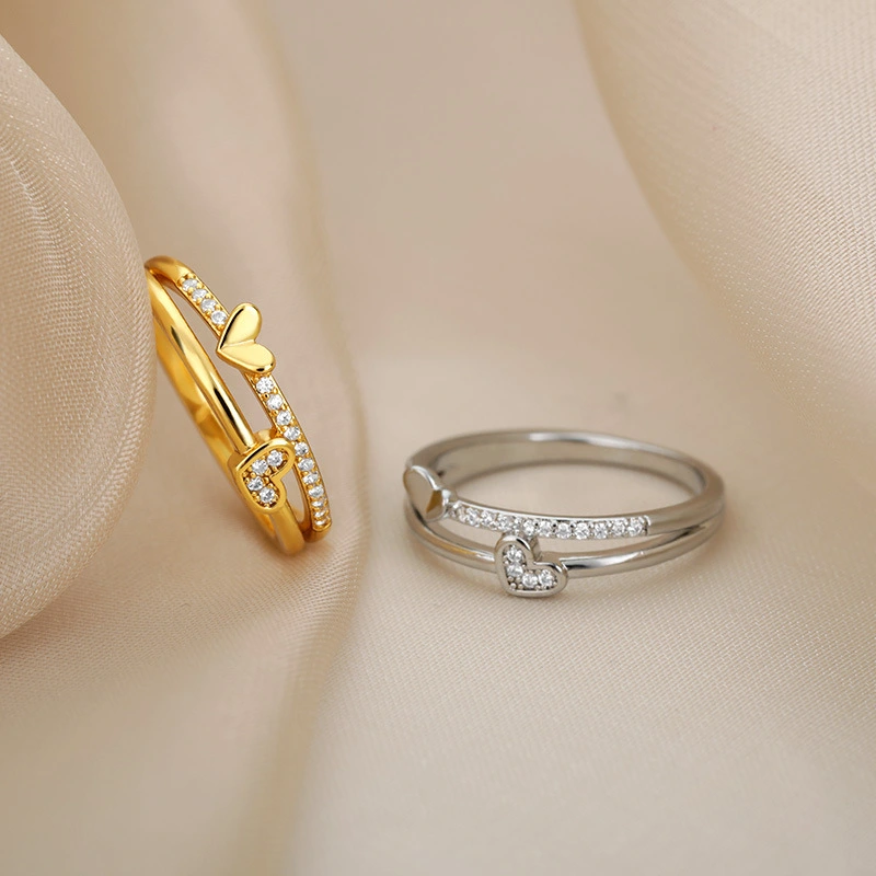 Gold Double Layer Small Love Ring With Micro-inlaid Zircon