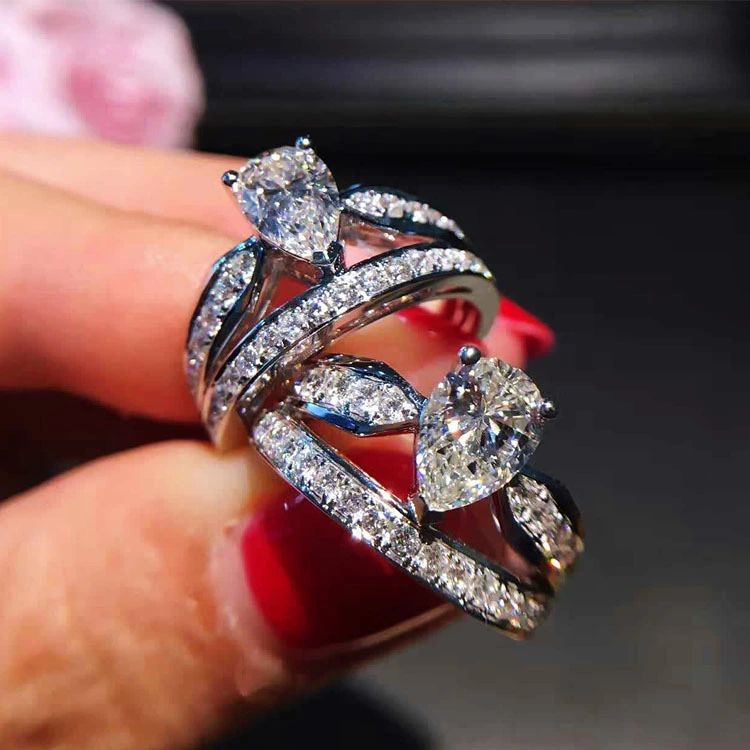 Simulation Special-shaped Drop Diamond Micro-inlaid New Double Crown Female Ring