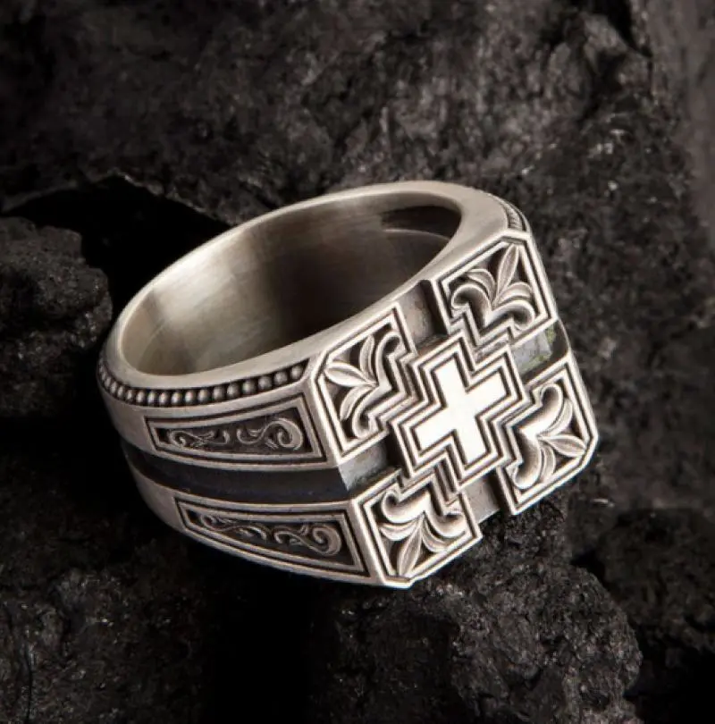 Plated European And American Creative Retro Carved Christian Men's Ring