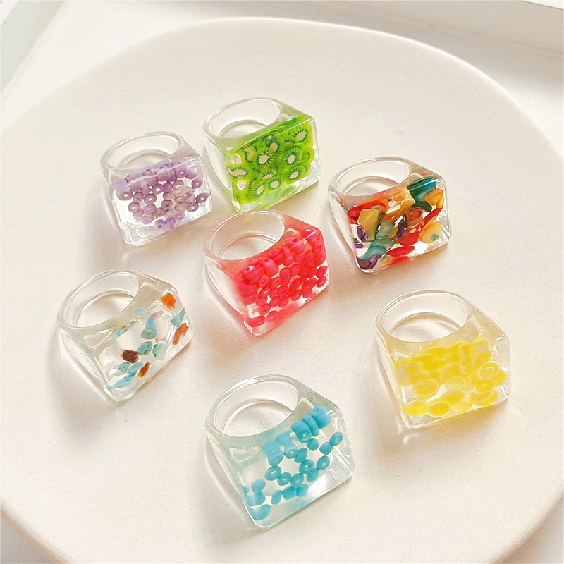 New Transparent Resin Ring Fruit Square Ring Acrylic Ring