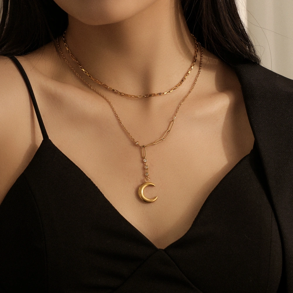 Double-layer Stainless Steel Vacuum Gold-plated Moon Necklace