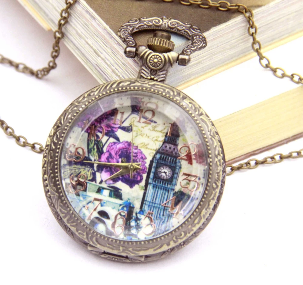 Rose Clock Tower Pocket Watch Retro Quartz Watch Necklace Lady Pendant