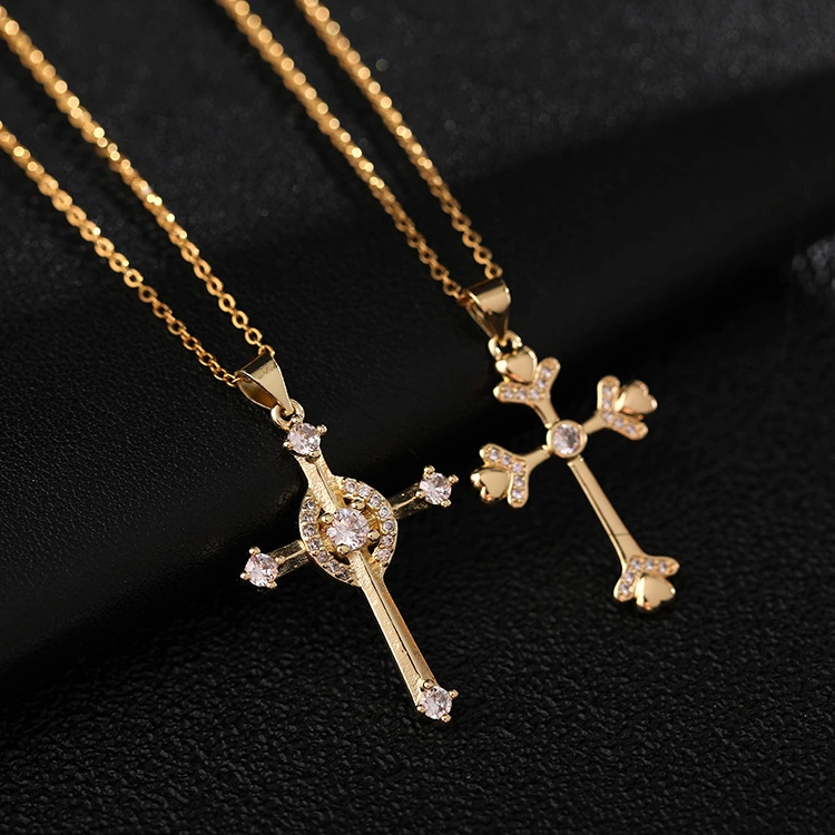 Gold-plated Copper Zircon Love Geometric Cross Pendant Necklace