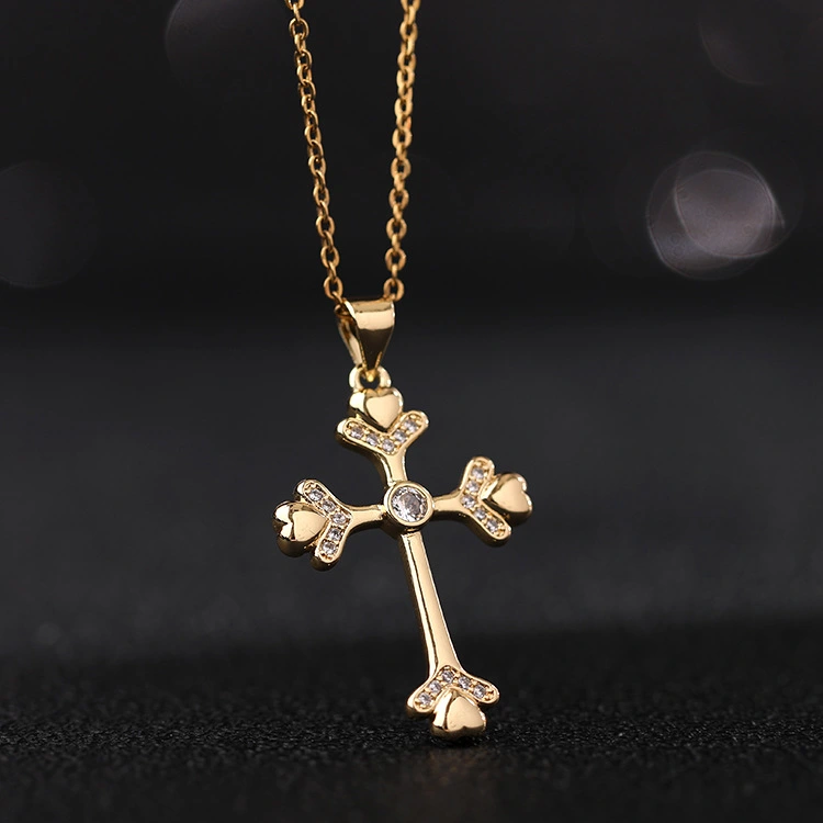 Gold-plated Copper Zircon Love Geometric Cross Pendant Necklace