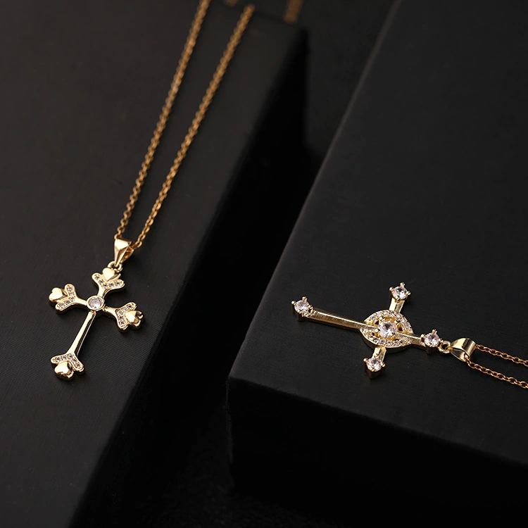 Gold-plated Copper Zircon Love Geometric Cross Pendant Necklace