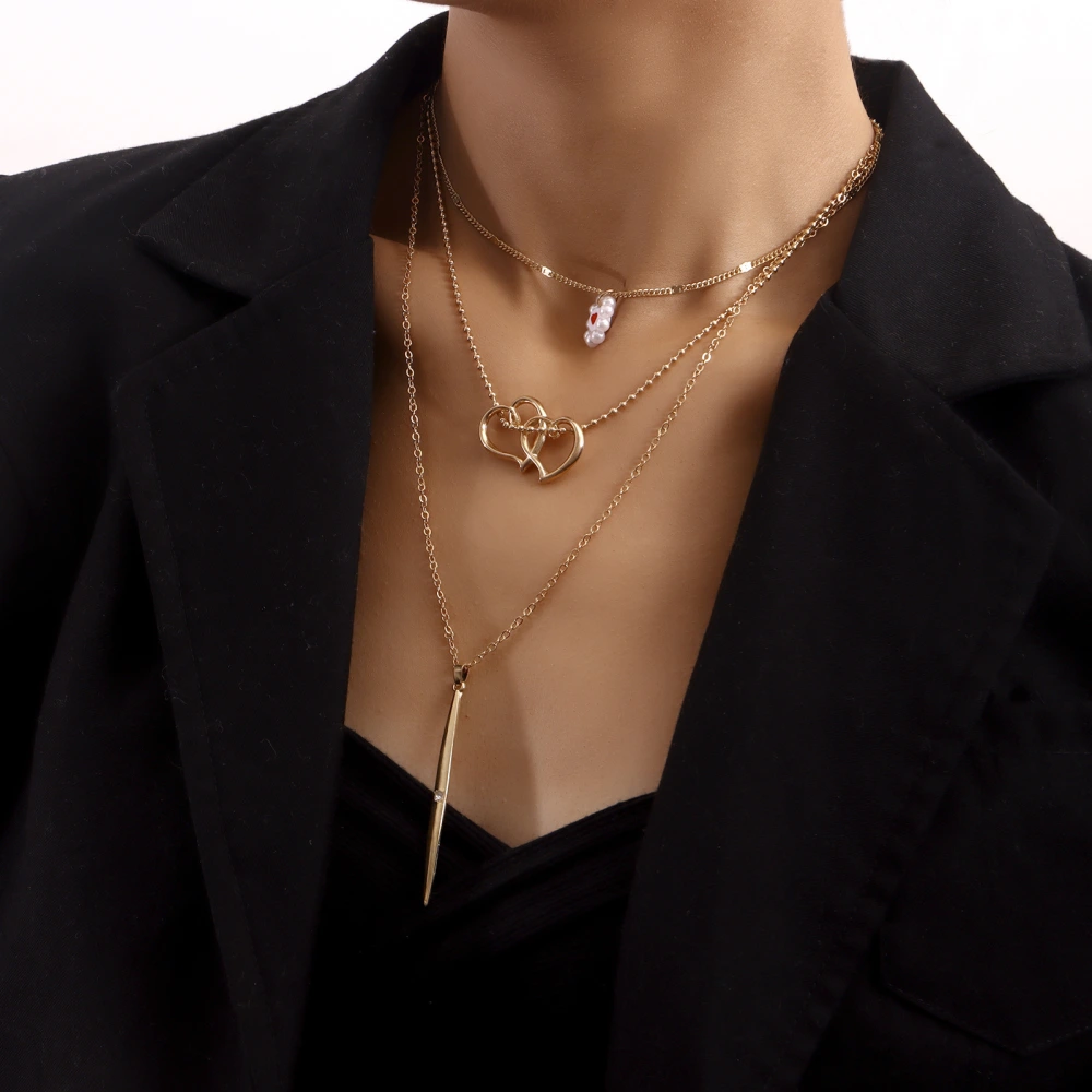 Multilayer Clavicle Chain Pearl Double Love Pendant Necklace