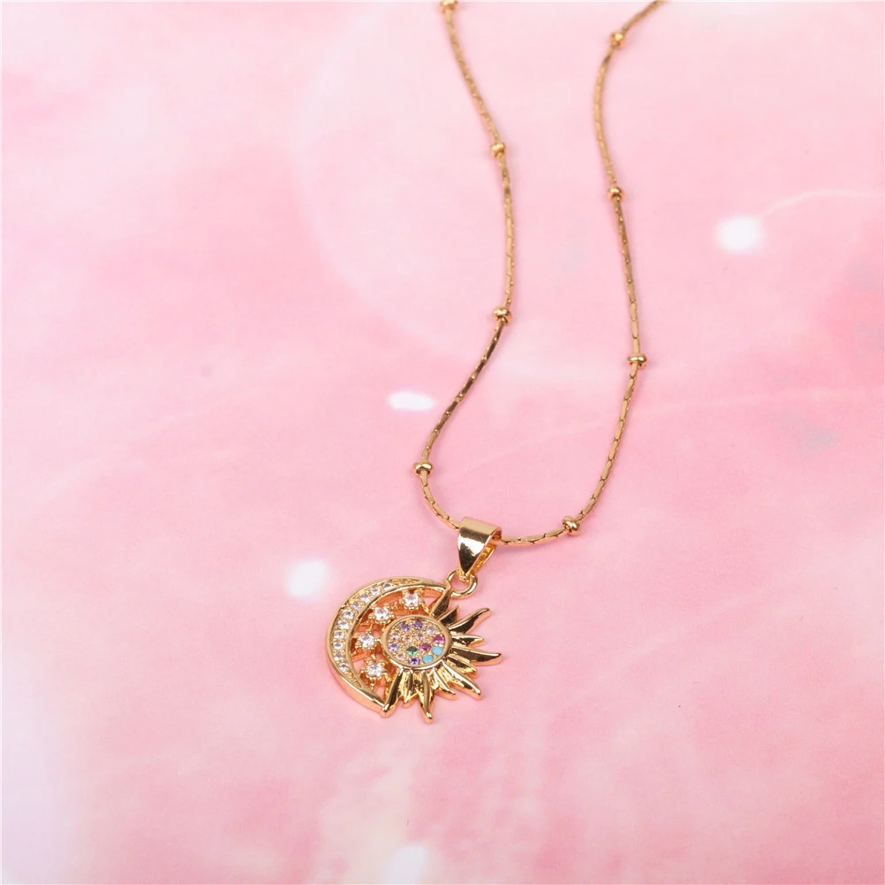 Micro Diamond Moon Sun Pendant Necklace