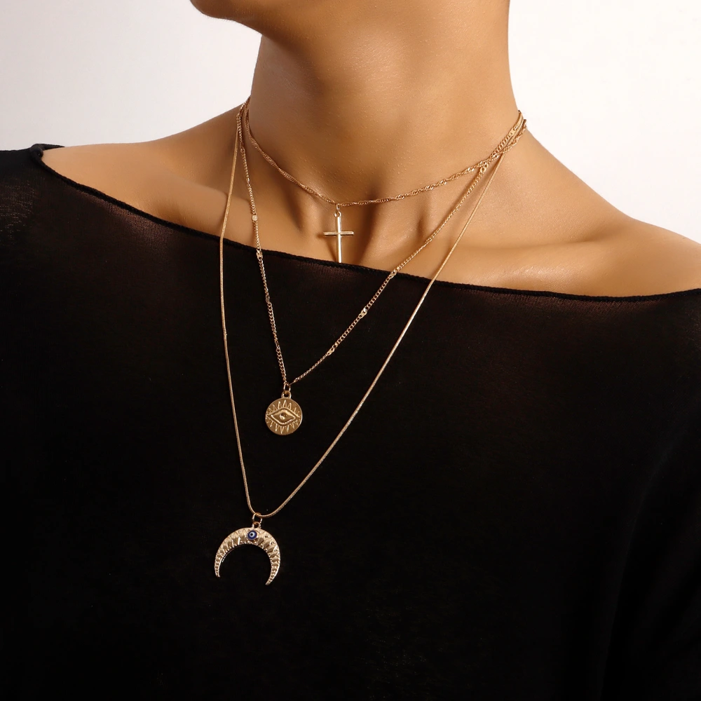 Light Luxury Multi-layer Cross Crescent Pendant Women